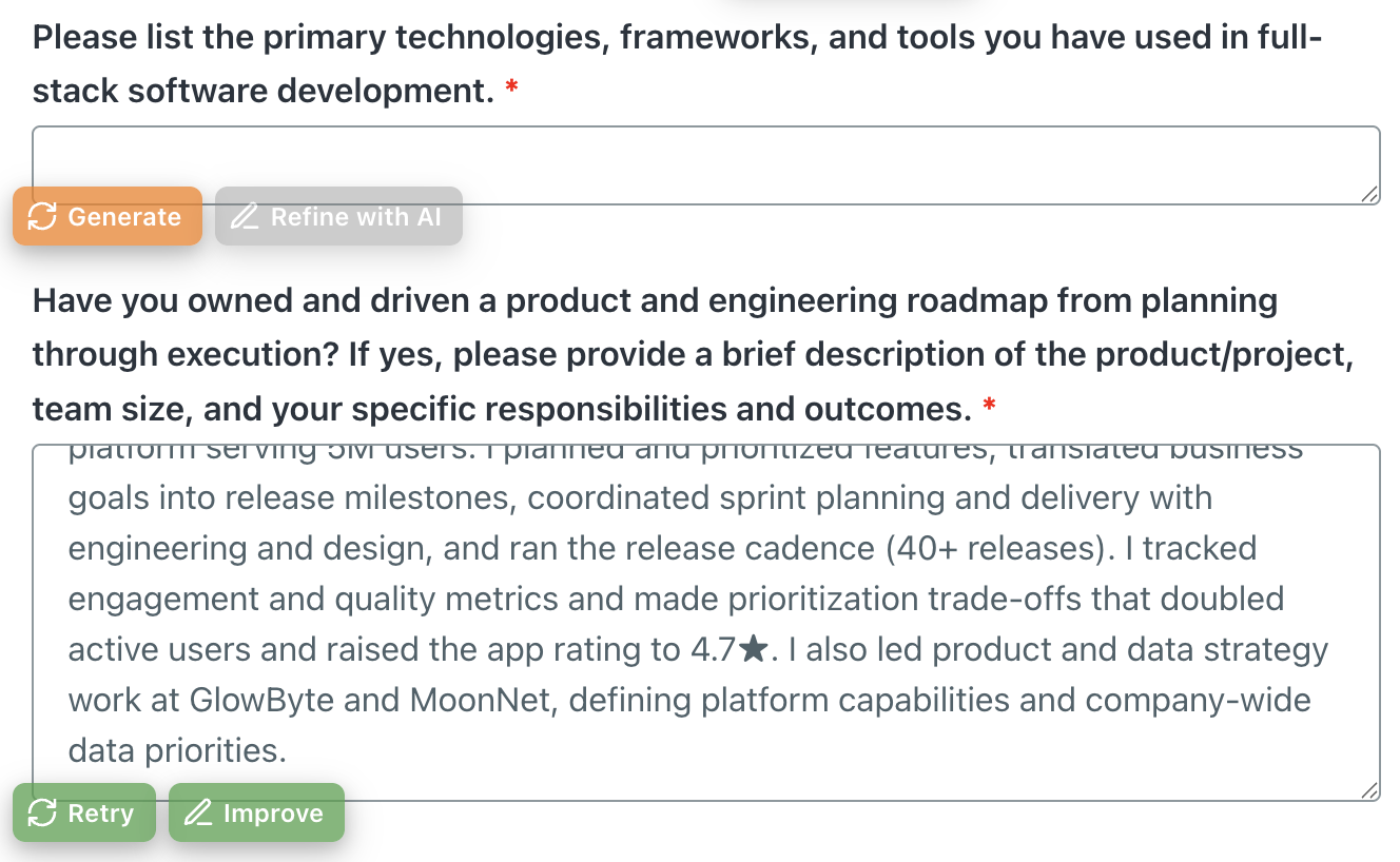 Before and after of a blank "Why are you interested?" field next to a tailored ApplyBtn answer