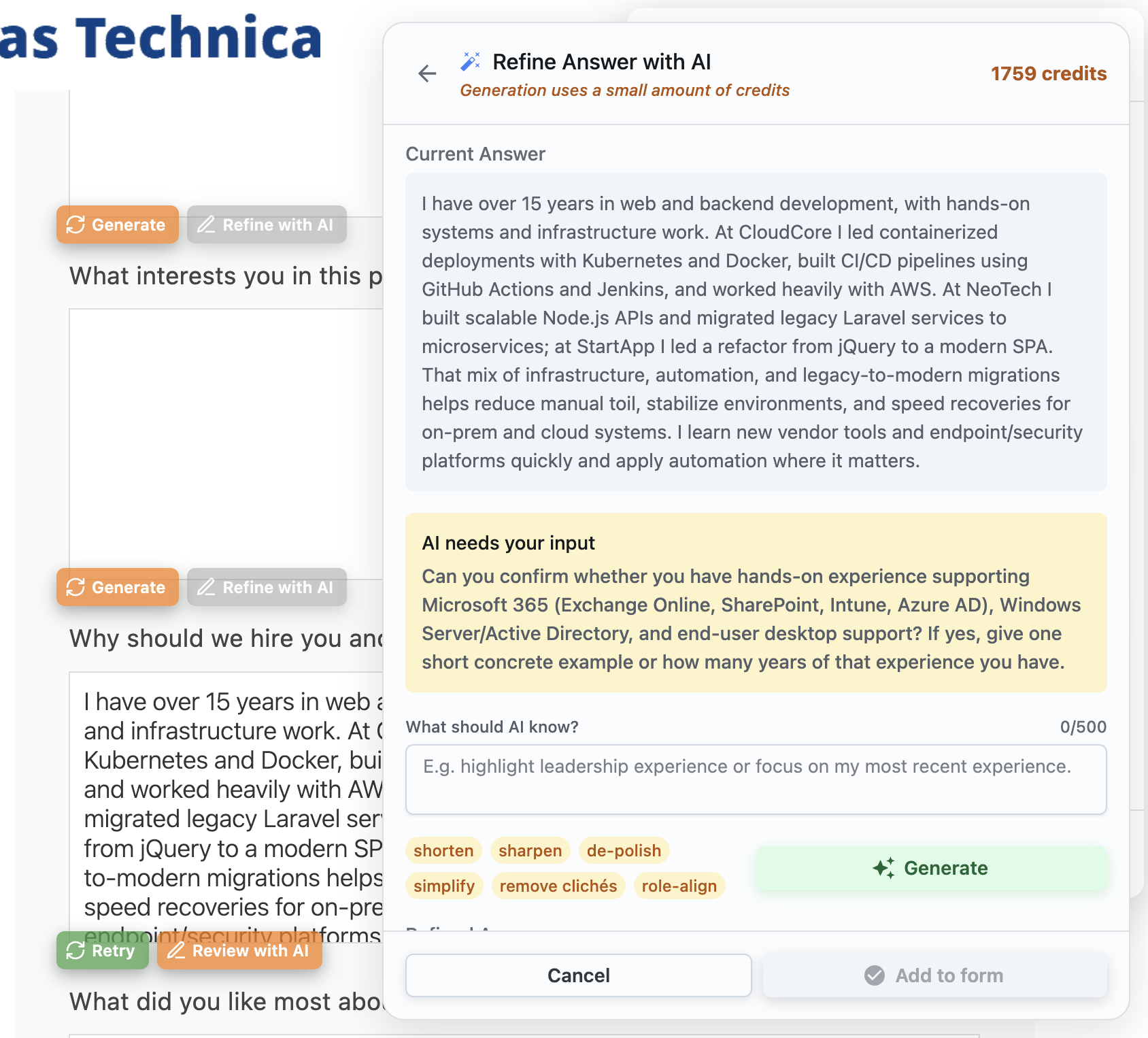 ApplyBtn controls to review, edit, refine, and submit a job application answer manually