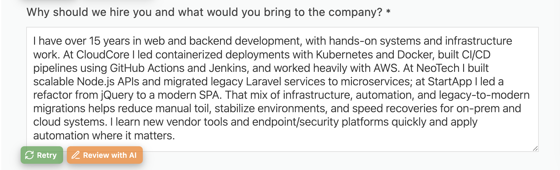 ApplyBtn generating a tailored answer inside a long job application question field