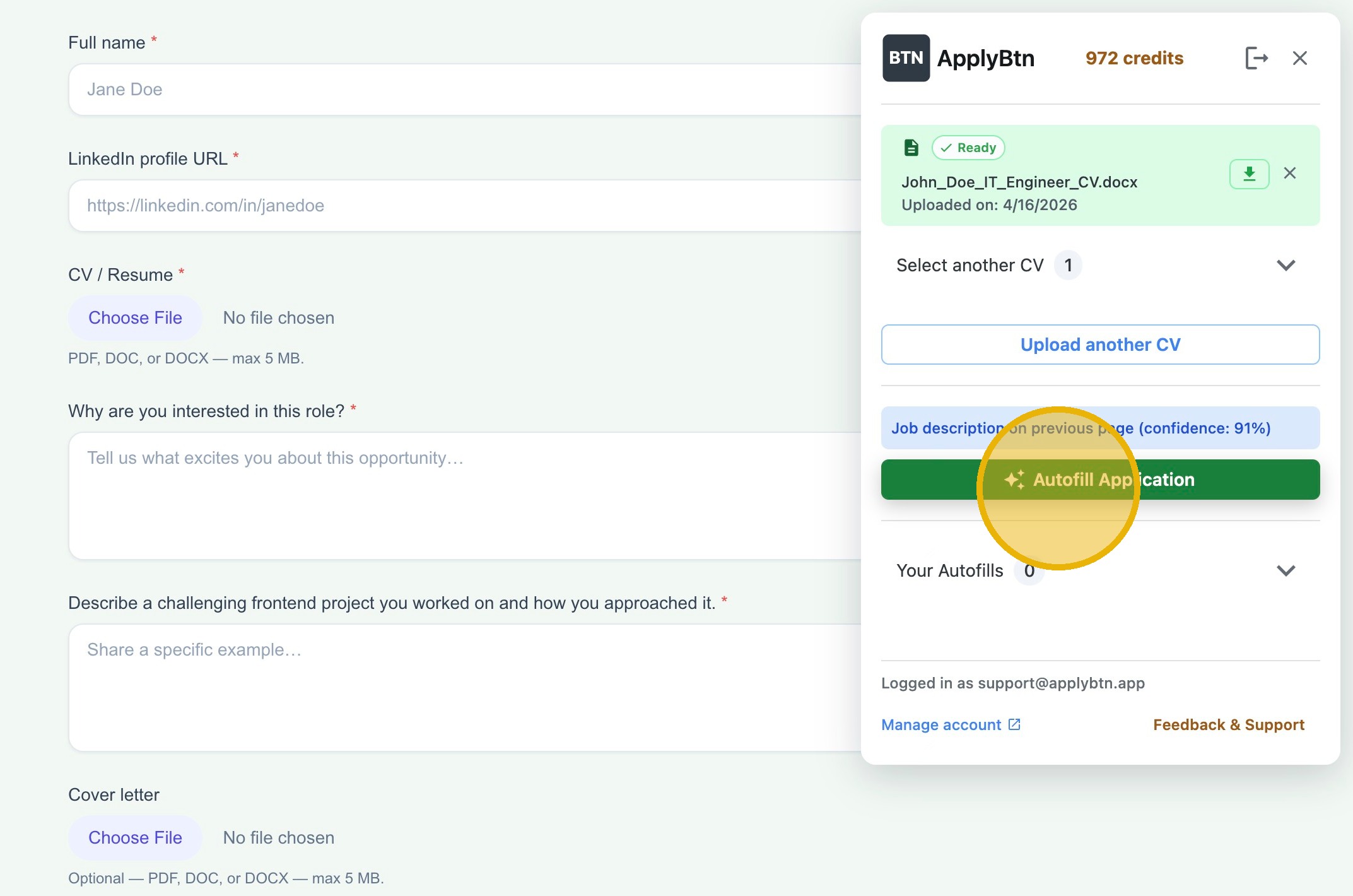 Click Autofill Application to start filling out the job application form