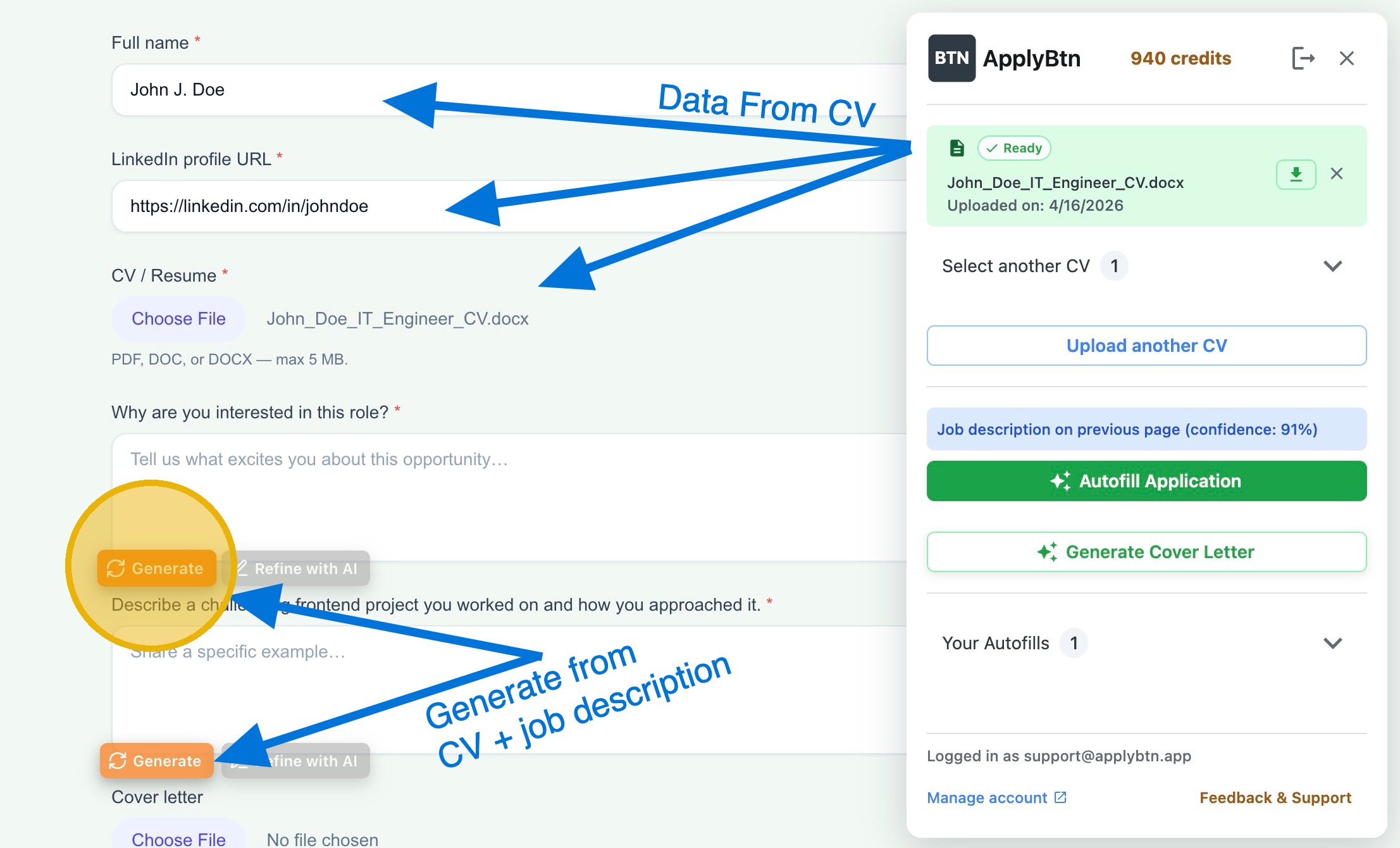 Click Generate to autofill the form fields with your profile details