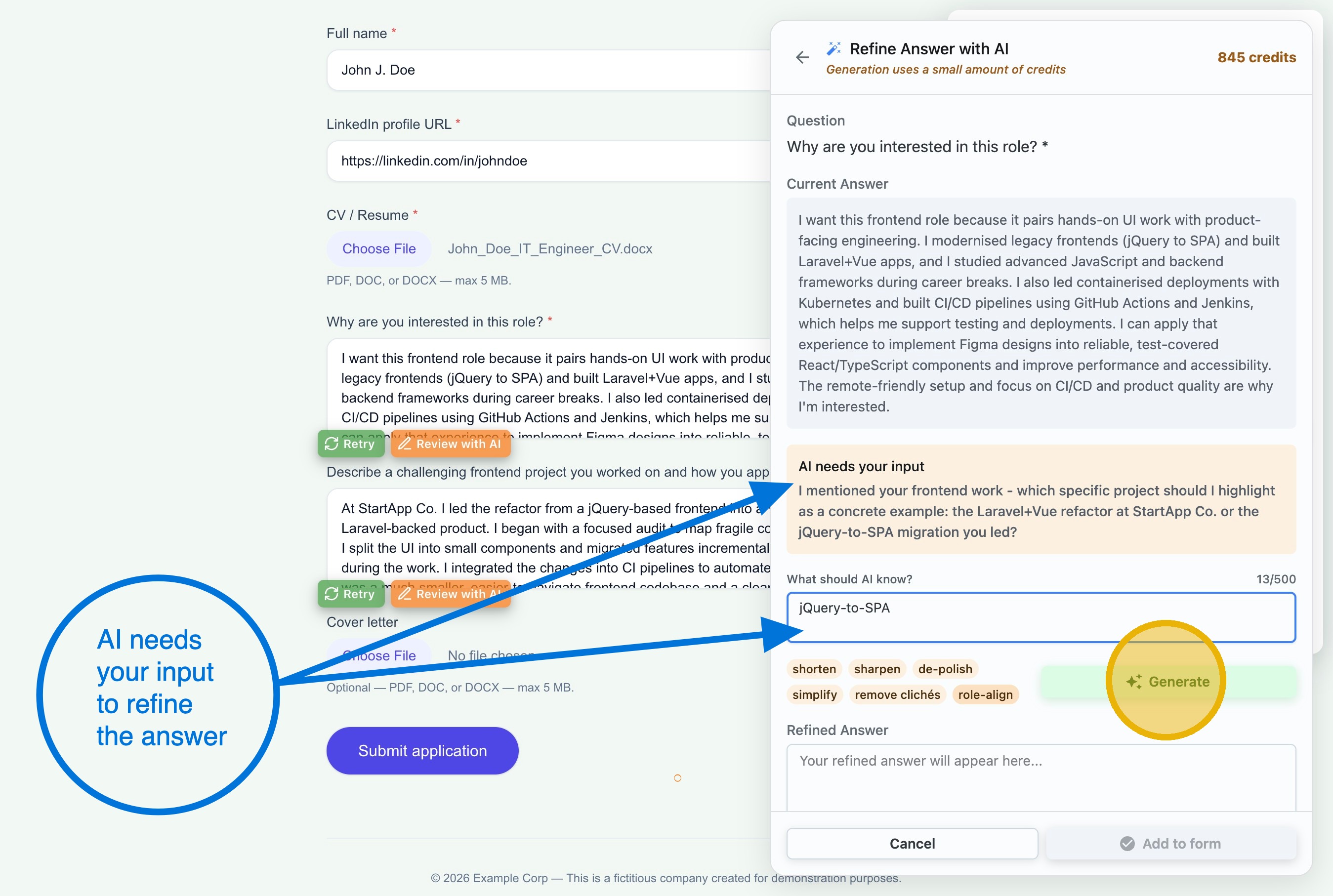 AI review results showing suggested improvements for your answers