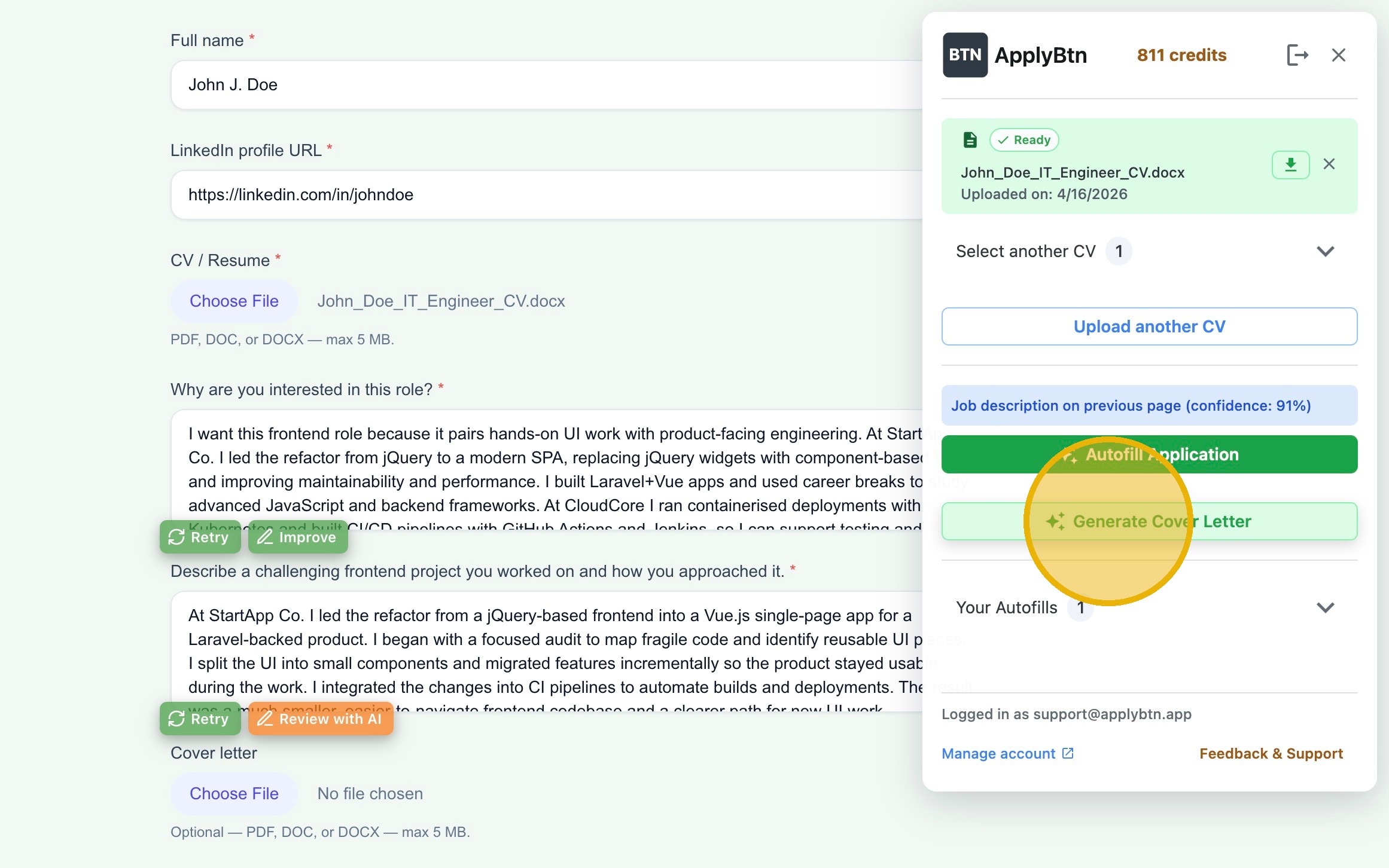 Click Generate Cover Letter to create a tailored cover letter from your CV and the job description