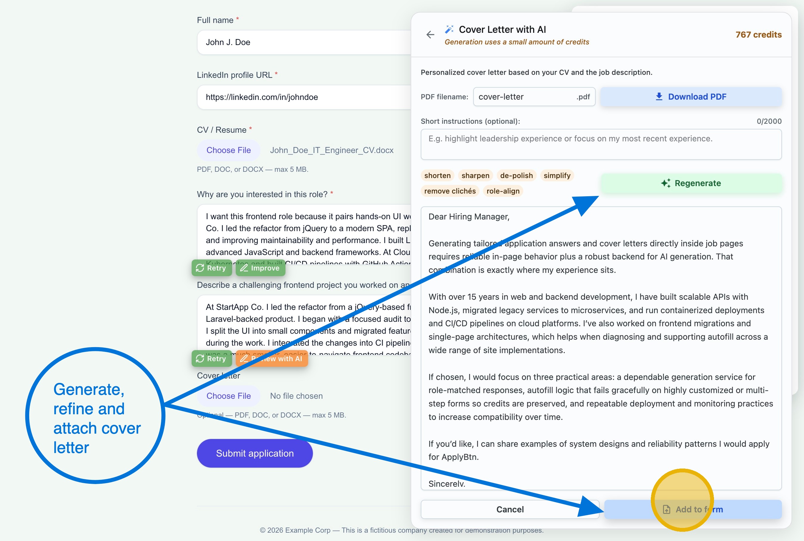 Click Add to form to insert the generated cover letter into the application