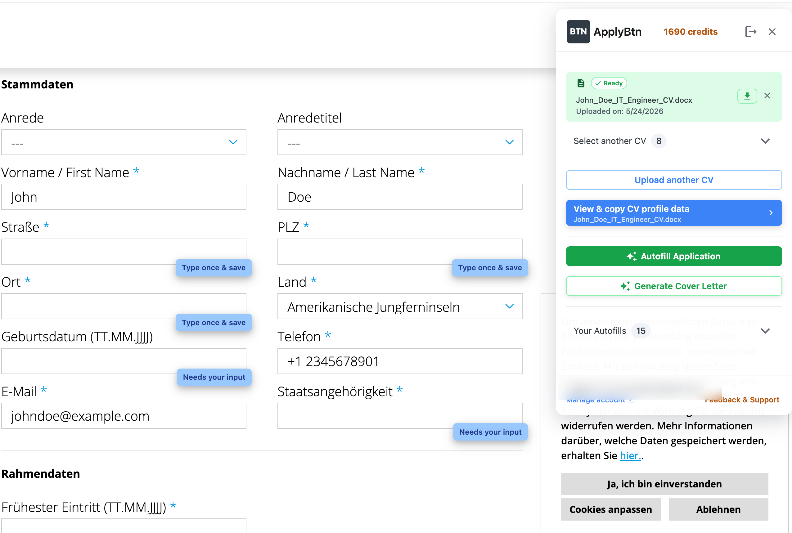 ApplyBtn autofilling a German rexx-style job application form