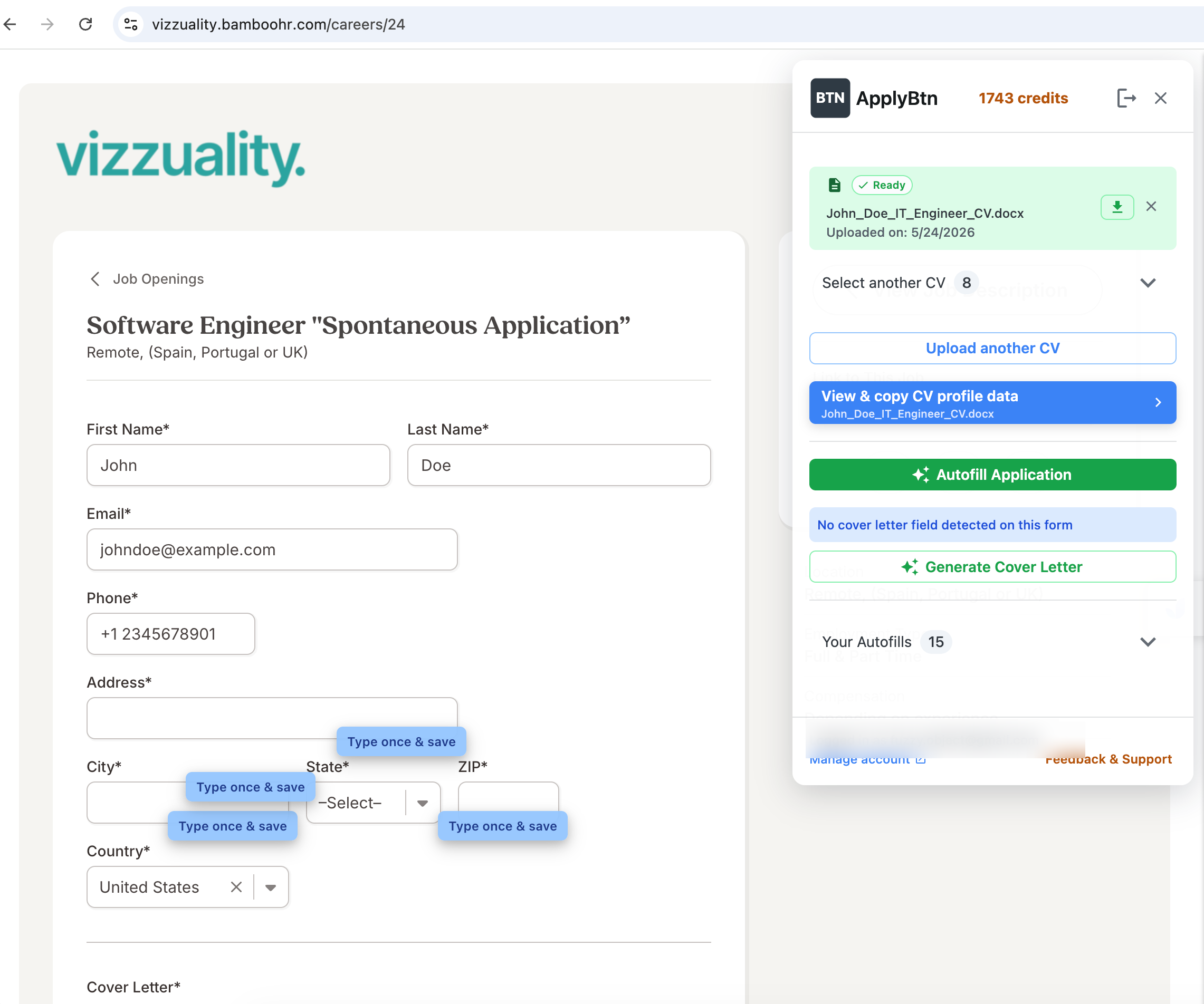 ApplyBtn autofilling a BambooHR job application form