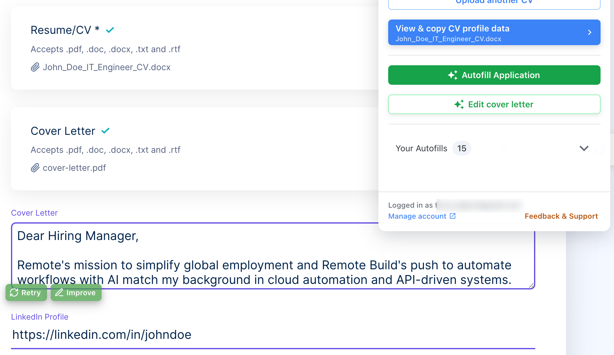 ApplyBtn controls for reviewing and refining an AI-generated cover letter before submitting a job application