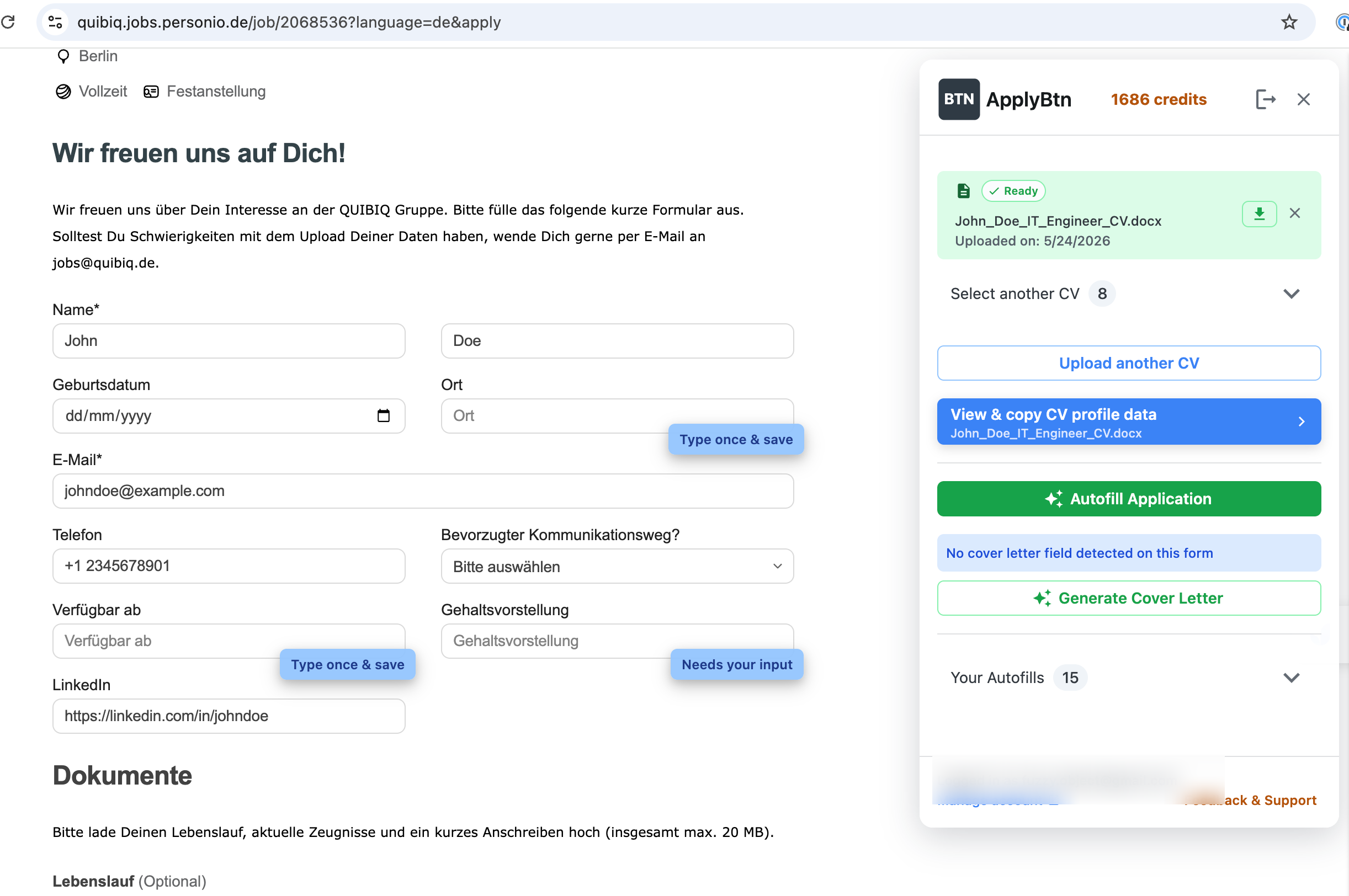 ApplyBtn autofilling a German Personio job application form