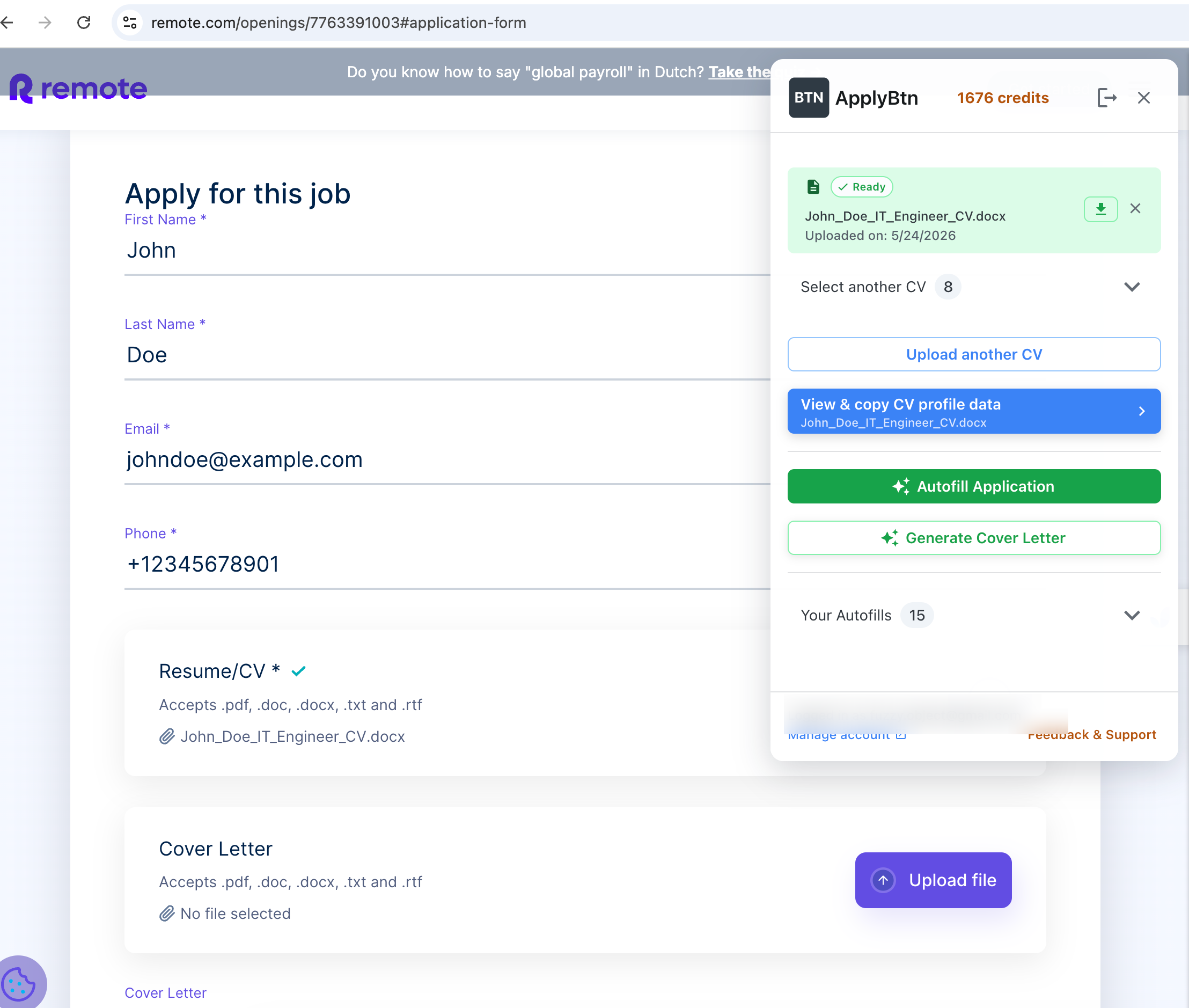 ApplyBtn autofilling a Remote.com custom job application form