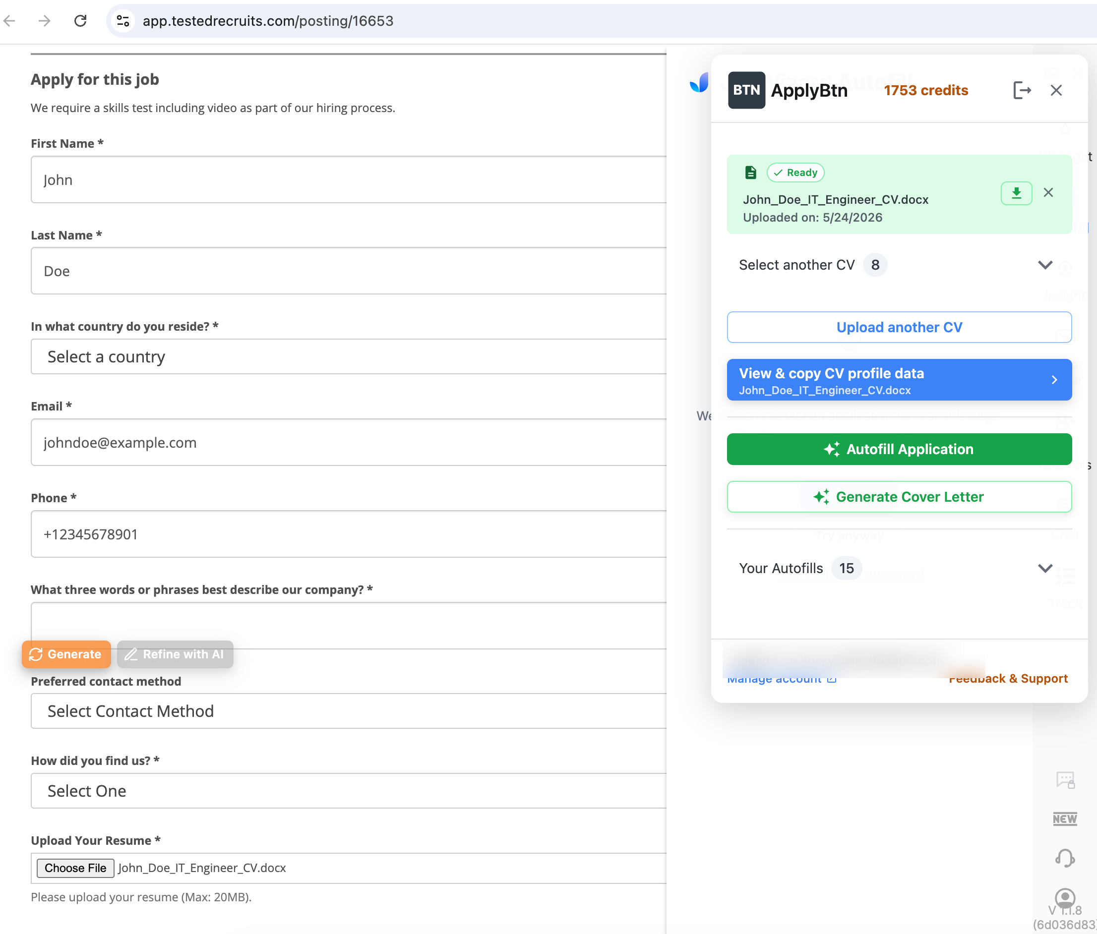 ApplyBtn autofilling a TestedRecruits job application form with generate and refine controls