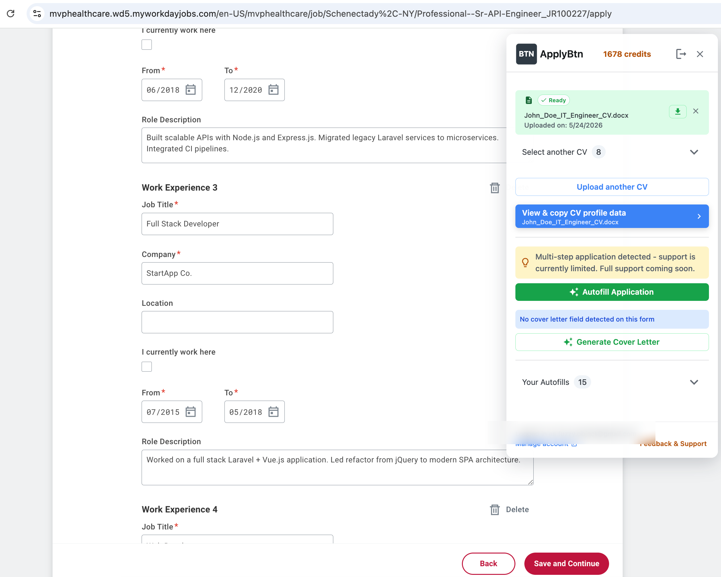 ApplyBtn filling Workday experience fields in a multi-step application