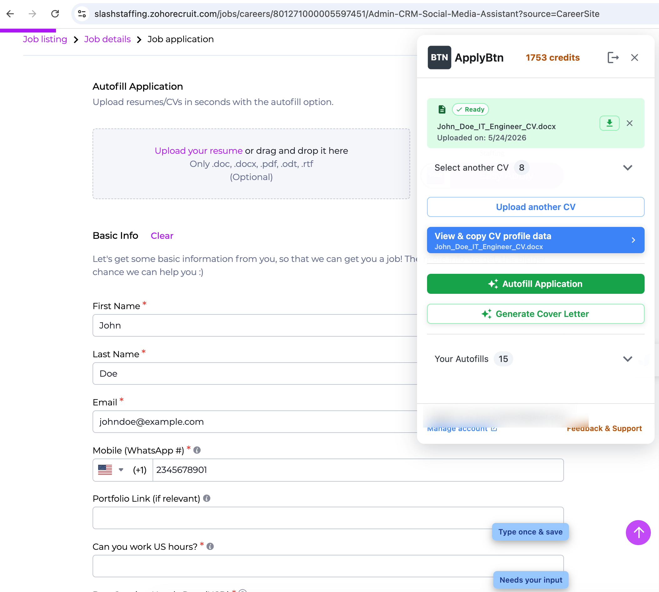 ApplyBtn autofilling a Zoho Recruit job application form