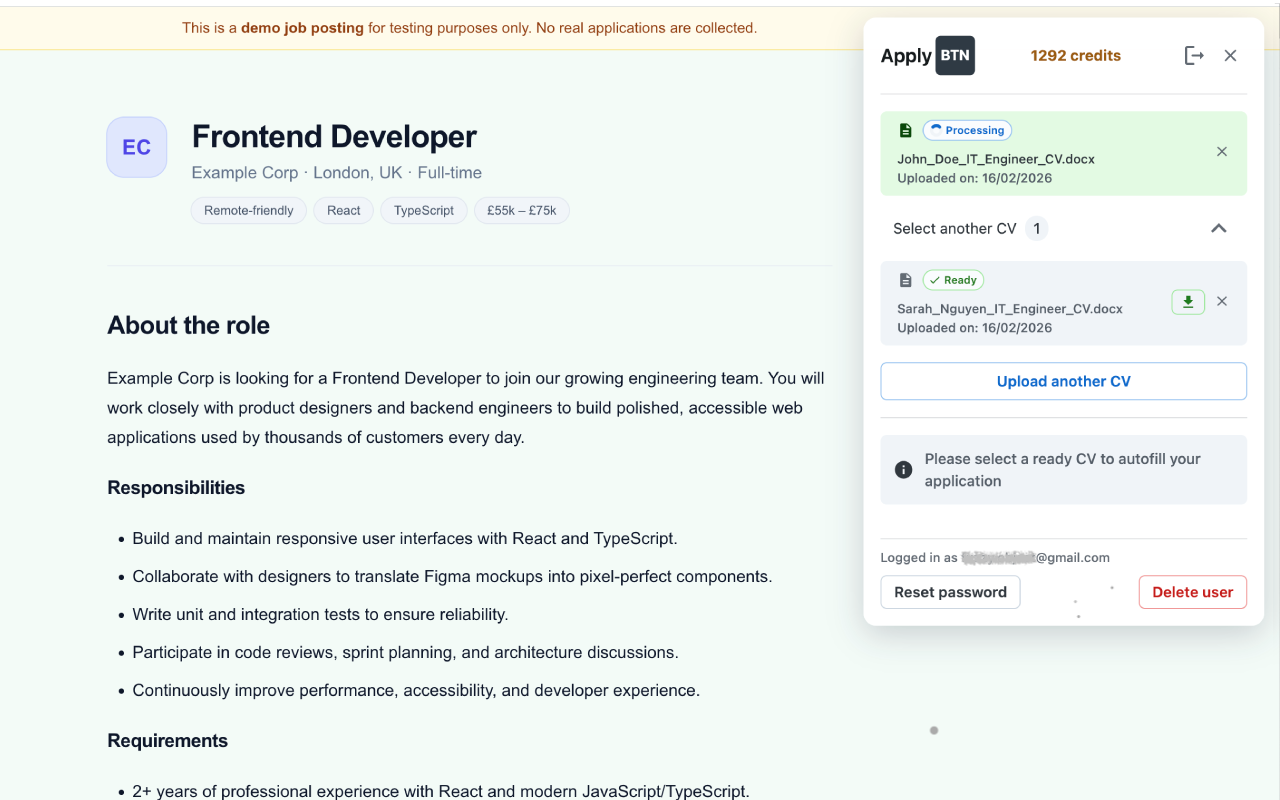 ApplyBtn opens on a job application form and detects fields automatically