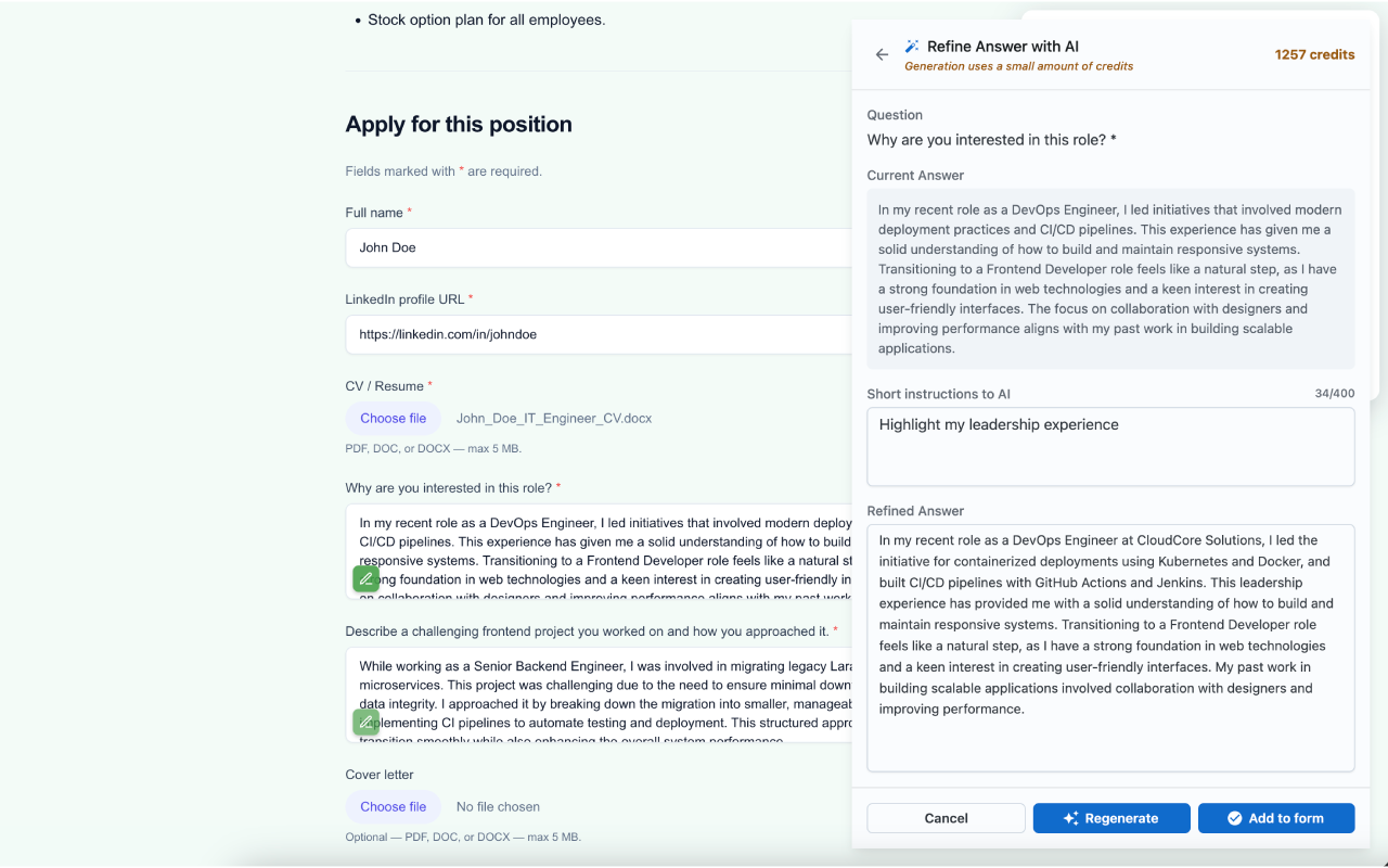 AI generates a tailored answer for an open question with an edit option