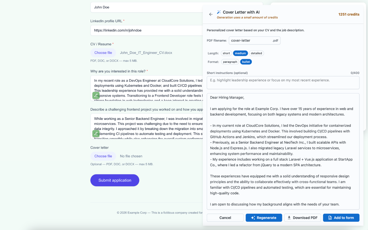 Cover letter draft is generated from your CV and the job description