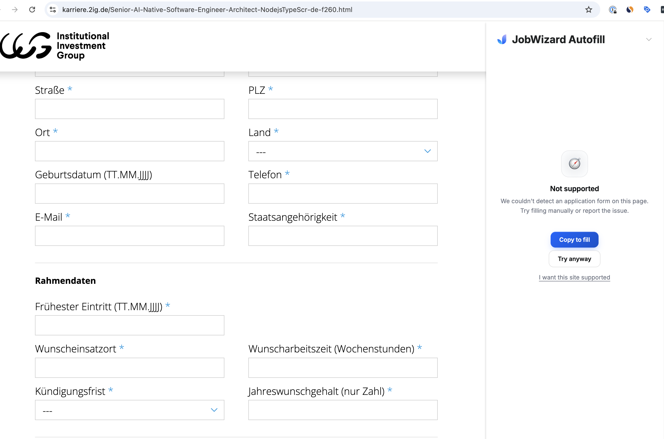 JobWizard showing not supported on a German rexx-style job application form
