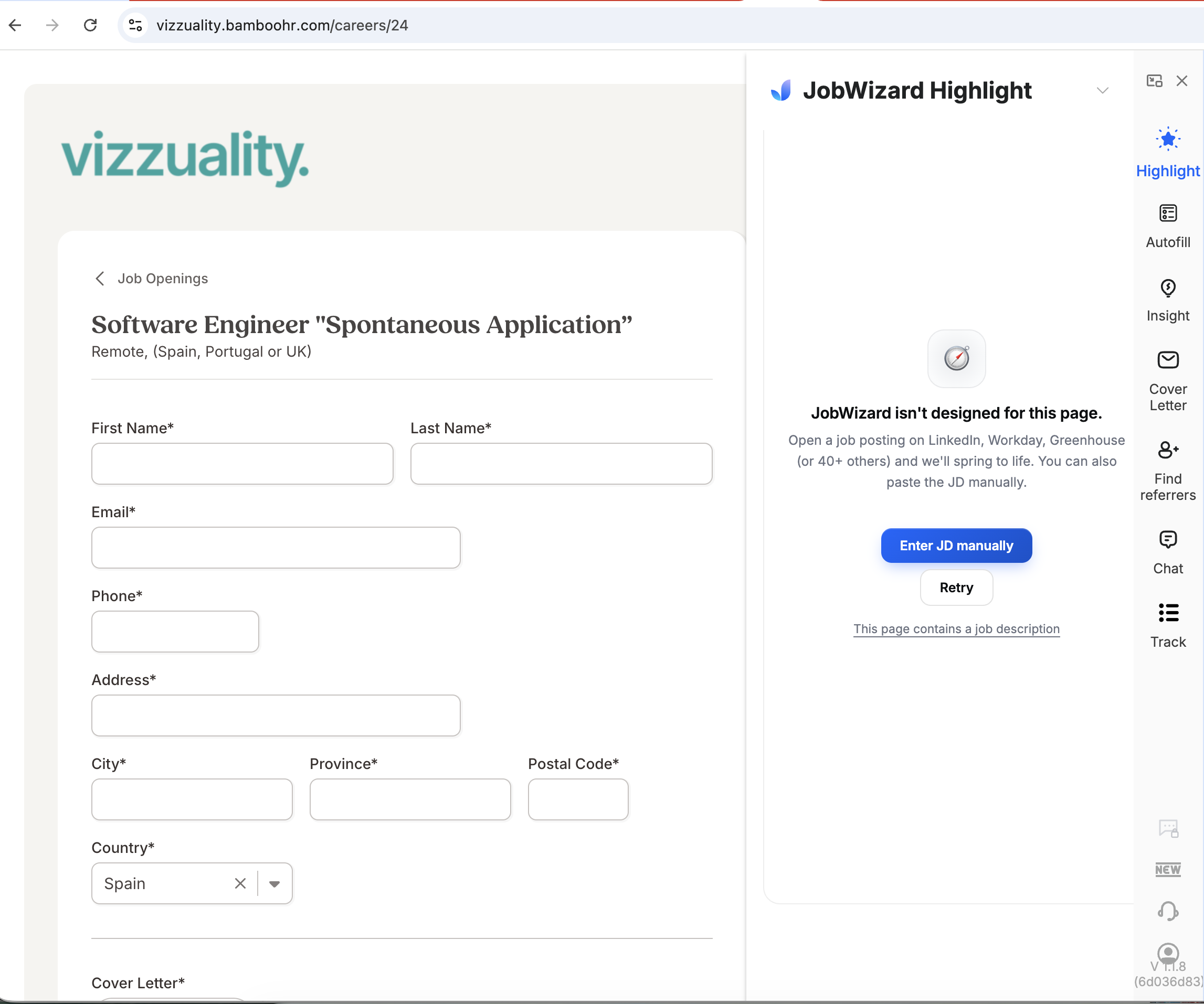 JobWizard saying it is not designed for a BambooHR job application page