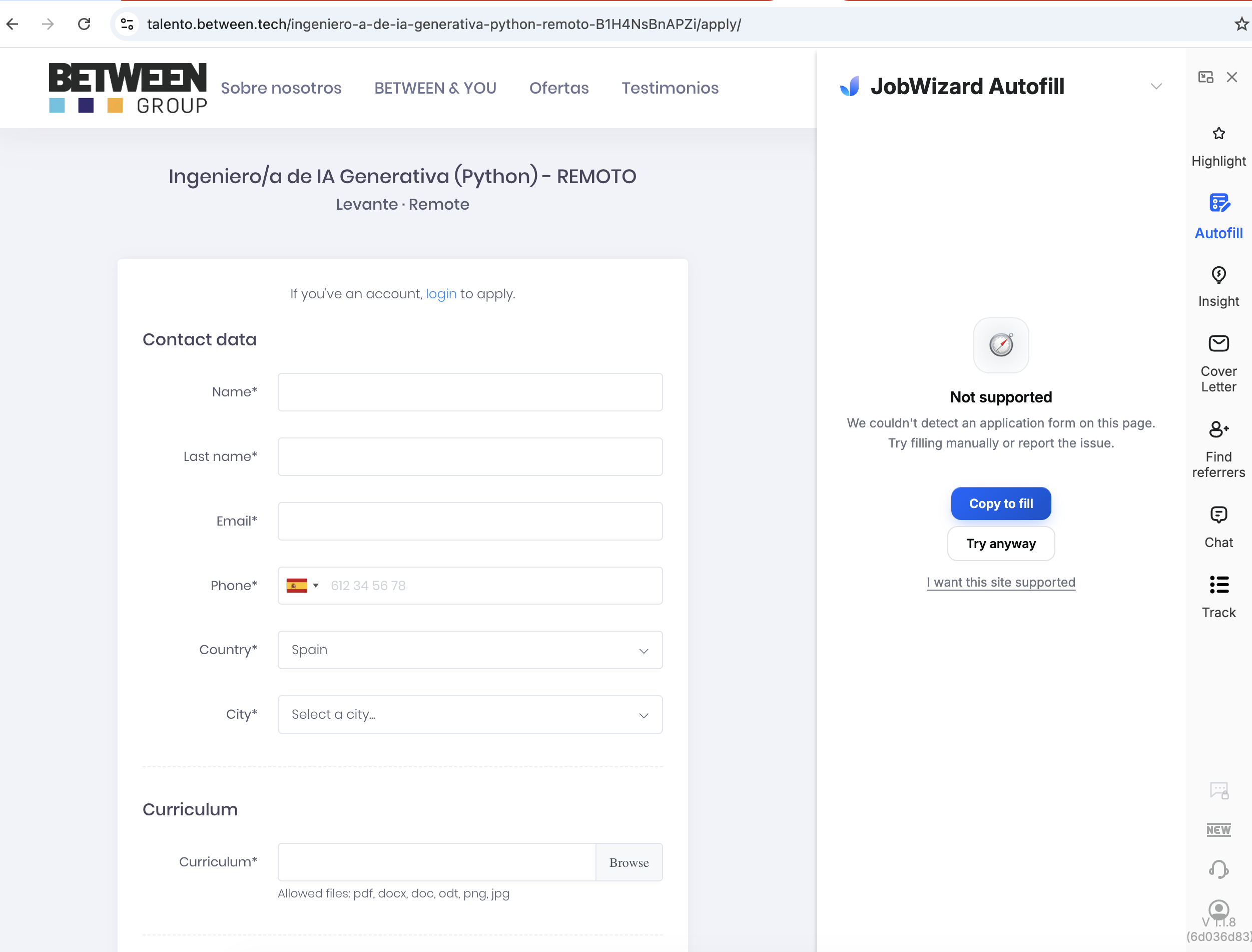 JobWizard showing not supported on a Between Group custom job application form