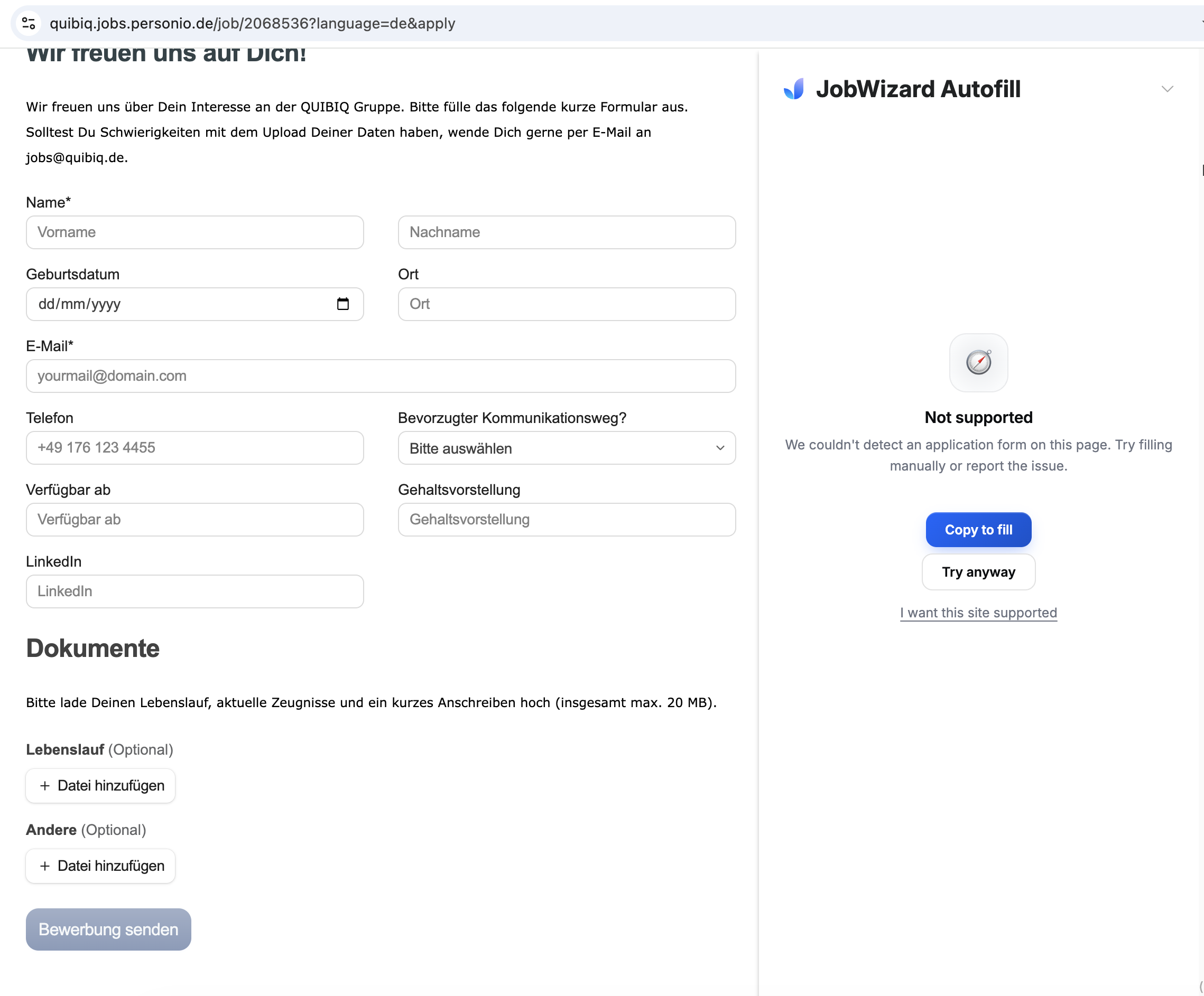 JobWizard showing not supported on a German Personio application form