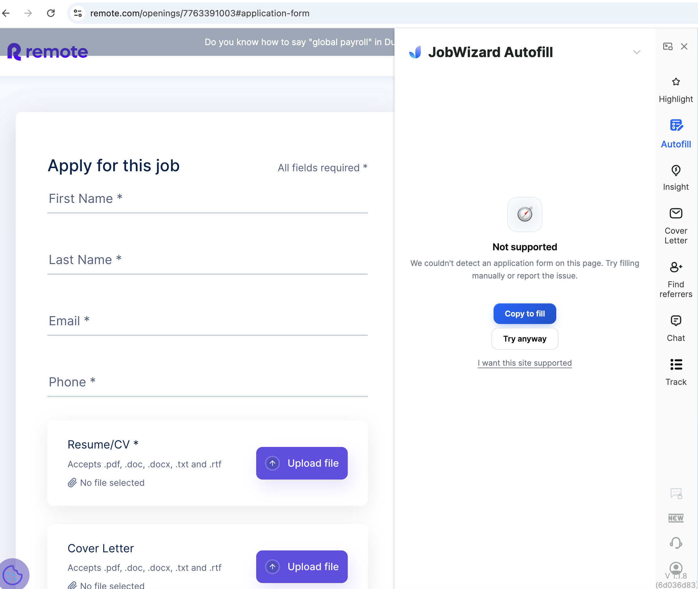 JobWizard showing not supported on a Remote.com job application form