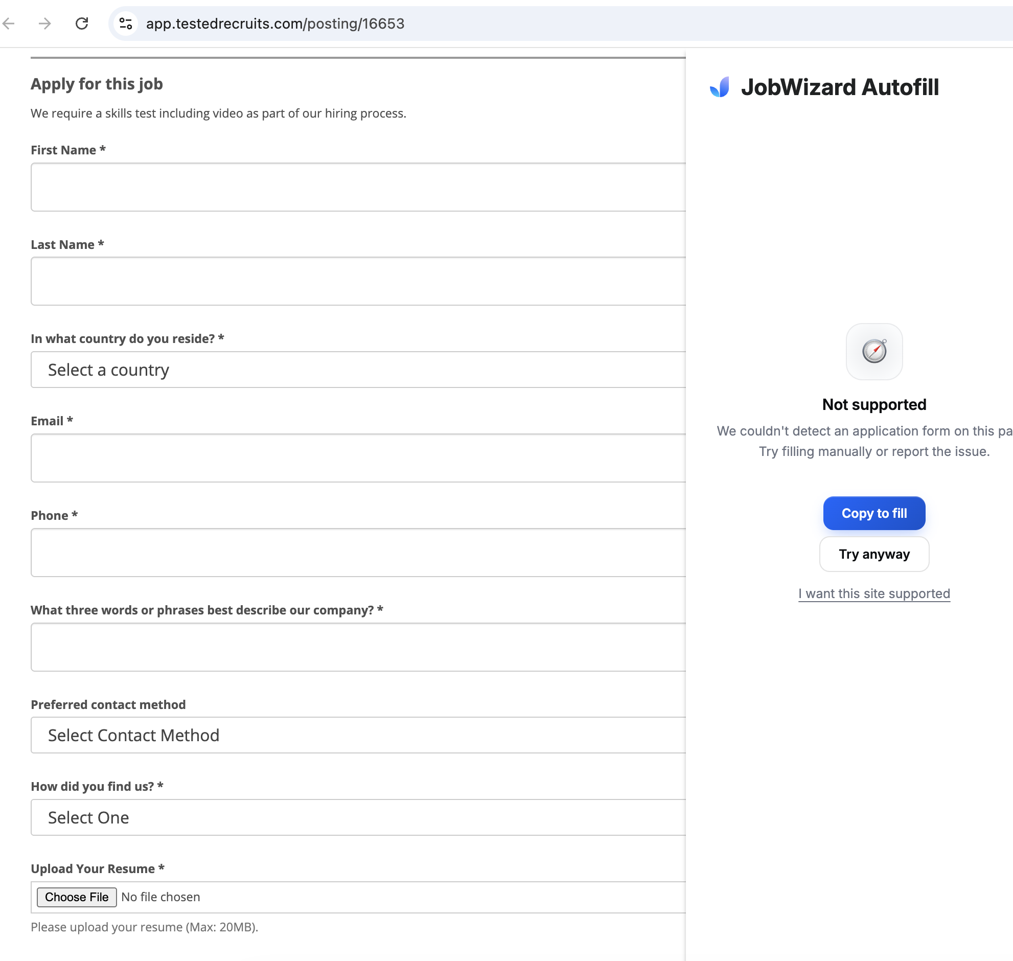 JobWizard showing not supported on a TestedRecruits job application form