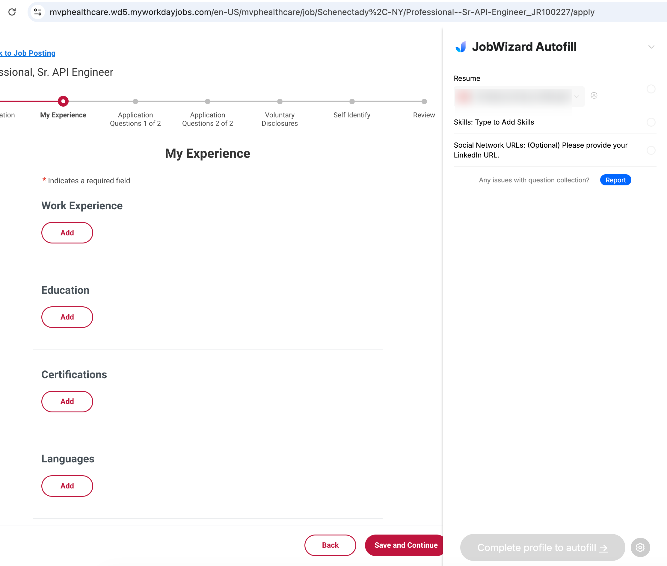 JobWizard not filling the Workday My Experience step