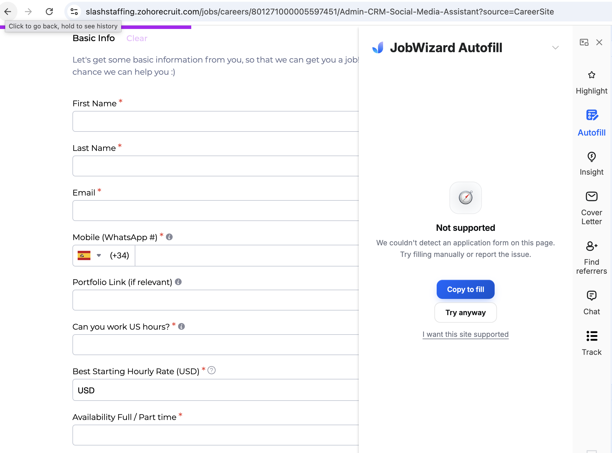 JobWizard showing not supported on a Zoho Recruit job application form